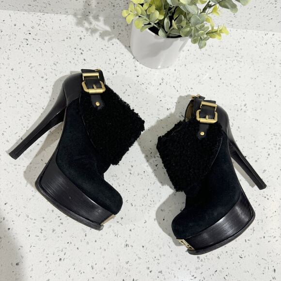 Fendi FF Black Fendista Shearling Fur Suede Buckled Platform Ankle Boots LS 36 - Picture 3 of 8
